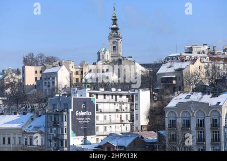 Belgrade skyline: snowed buildings of the Old Town and St. Michael's Cathedral during winter. Serbia Stock Photo