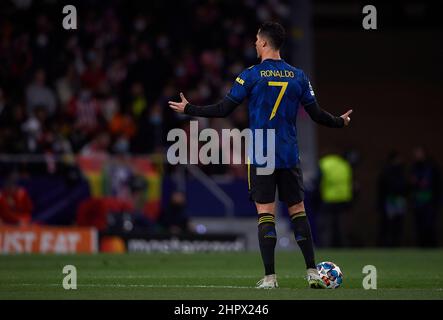 Madrid. 23rd Feb, 2022. Manchester United's Cristiano Ronaldo reacts during the UEFA Champions League round of 16 first leg match between Atletico de Madrid and Manchester United in Madrid, Spain, Feb.23, 2022. Credit: Pablo Morano/Xinhua/Alamy Live News Stock Photo