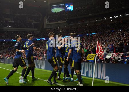 Madrid. 23rd Feb, 2022. Manchester United's players celebrate the goal during the UEFA Champions League round of 16 first leg match between Atletico de Madrid and Manchester United in Madrid, Spain, Feb.23, 2022. Credit: Meng Dingbo/Xinhua/Alamy Live News Stock Photo