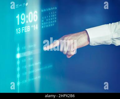 A cropped shot of a man using futuristic touch technology. All screen content is designed by us and not copyrighted by others, and upon purchase a Stock Photo