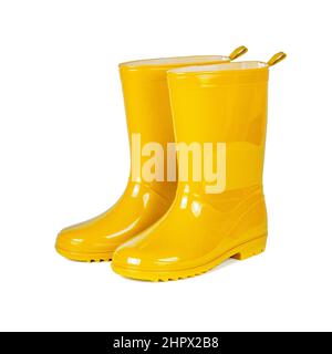 Yellow rubber boots isolated on white background. Stock Photo