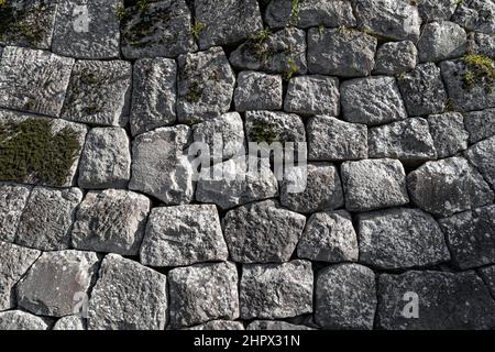 Old stone wall in the form of a mosaic with mushrooms and gray color Stock Photo