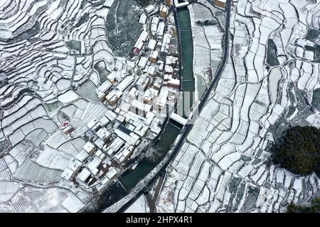 Dongyang. 23rd Feb, 2022. Aerial photo taken on Feb. 23, 2022 shows the snow view of Jinhang Village of Dongyang City, east China's Zhejiang Province. Credit: Bao Kangxuan/Xinhua/Alamy Live News Stock Photo