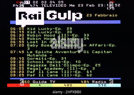 TELETEXT view of a page Televideo RAI, italian State-owned broadcast. Original photo with simple graphic screen view from a vintage tv color Stock Photo