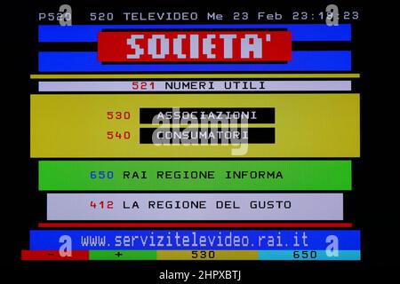 TELETEXT view of a page Televideo RAI, italian State-owned broadcast. Original photo with simple graphic screen view from a vintage tv color Stock Photo