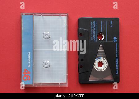 Vintage Audio Cassette Tape with plastic box. Retro style technology from the 90s Stock Photo