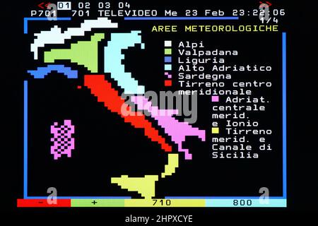 TELETEXT view of a page Televideo RAI, italian State-owned broadcast. Original photo with simple graphic screen view from a vintage tv color Stock Photo