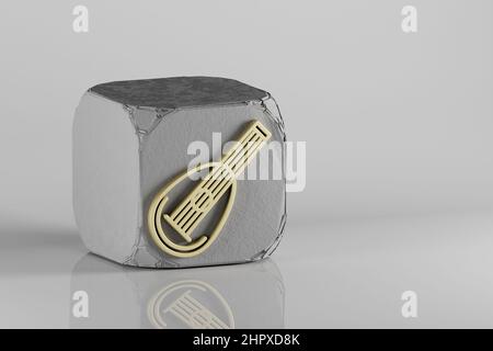 Inclined Mandolin icon. Beautiful Golden music symbol icons on a beton cube and white ceramic background. 3d rendering illustration. Background patter Stock Photo