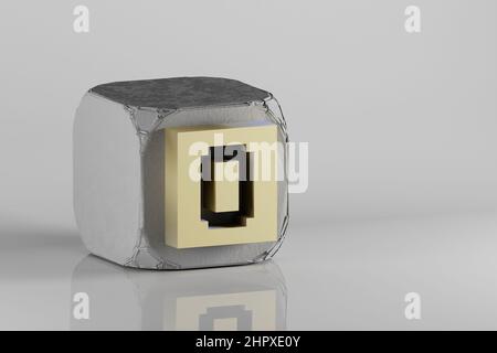 Beautiful Golden Pixel number 0. symbol icons on a beton cube and white ceramic background. 3d rendering illustration. Background pattern for design. Stock Photo