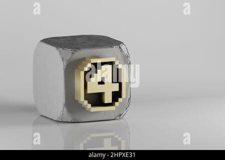 Beautiful Golden Pixel number 4 symbol icons on a beton cube and white ceramic background. 3d rendering illustration. Background pattern for design. Stock Photo