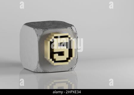 Beautiful Golden Pixel number 5 symbol icons on a beton cube and white ceramic background. 3d rendering illustration. Background pattern for design. Stock Photo