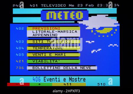 TELETEXT view of a page Televideo RAI, italian State-owned broadcast. Original photo with simple graphic screen view from a vintage tv color Stock Photo