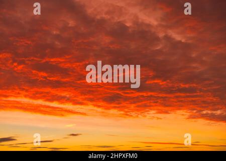 Dramatic, fiery, cloudscape at sunrise. Sky replacement. Stock Photo