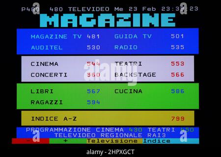 TELETEXT view of a page Televideo RAI, italian State-owned broadcast. Original photo with simple graphic screen view from a vintage tv color Stock Photo