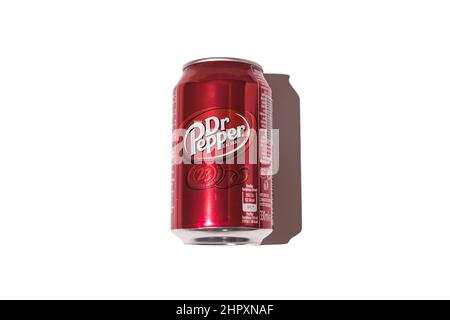 Dr. Pepper can with hard shadow on white background. Stock Photo