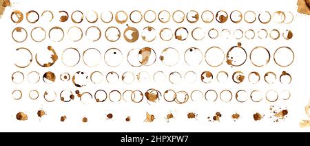 Set of various coffee stains from cups isolated on white background. Stock Photo