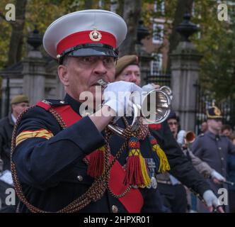 Close up of man blowing a bugle with the Corps of Drums Society march at the Lord Mayor’s Show 2021, Victoria Embankment, London, England, UK. Stock Photo