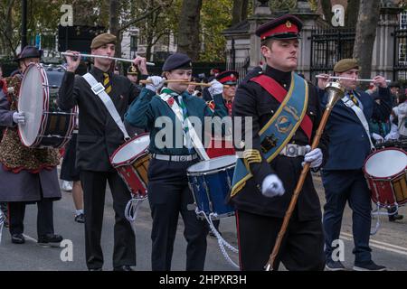 Corps of Drums Society march at the Lord Mayor’s Show 2021, Victoria Embankment, London, England, UK. Stock Photo