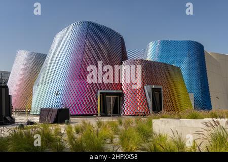 Beautiful and colorful facade of the Pakistan Pavilion in the Opportunity District at the Dubai EXPO 2020 in the United Arab Emirates. Stock Photo