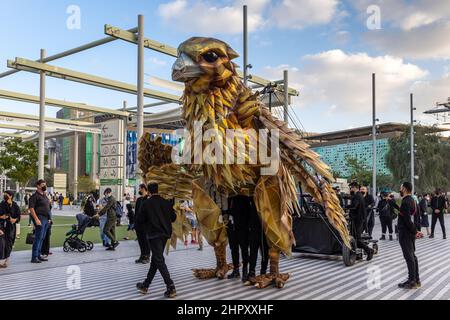 A giant mechanical Falcon, the UAE’s national bird, at the Dubai EXPO 2020 in the United Arab Emirates. Stock Photo
