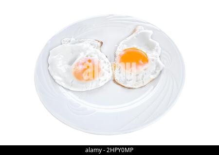 Eggs: Fried Egg, breakfast on the table, isolated on white background, on top view food cooking photo object design Stock Photo