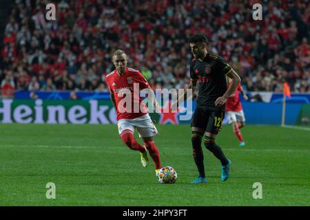 February 23, 2022. Lisbon, Portugal. Ajax's defender from Morocco Noussair Mazraoui (12) in action during the game of the 1st Leg of Round of 16 for the UEFA Champions League, Benfica vs Ajax Credit: Alexandre de Sousa/Alamy Live News Stock Photo