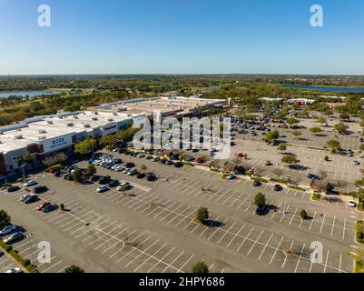 Winter Garden, FL, USA - February 20, 2022: Aerial drone photo of shops at Winter Garden Village Stock Photo