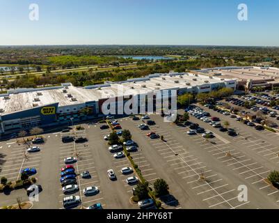 Winter Garden, FL, USA - February 20, 2022: Aerial drone photo of shops at Winter Garden Village Stock Photo