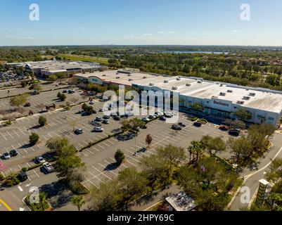 Winter Garden, FL, USA - February 20, 2022: Aerial drone photo of shops at Winter Garden Village Stock Photo