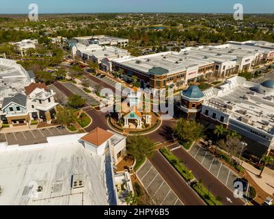 Winter Garden, FL, USA - February 20, 2022: Aerial drone photo of shops at Winter Garden Village Stock Photo