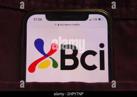 KONSKIE, POLAND - February 22, 2022: BCI Banco Credito logo displayed on mobile phone hidden in jeans pocket Stock Photo