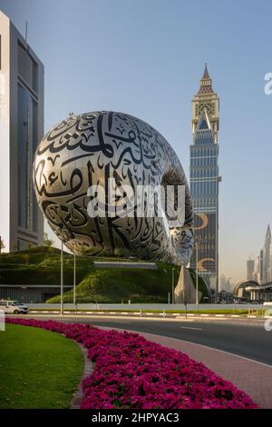 Landmark building along the Sheikh Zayed Road, the futuristic Museum of the Future in Dubai, United Arab Emirates (UAE). Stock Photo