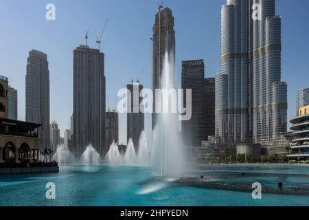 The famous Dubai Fountain near the Burj Khalifa and the Dubai Mall. Stock Photo