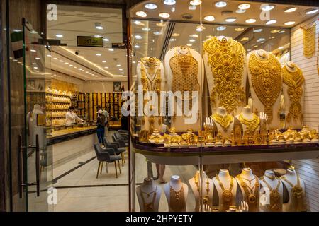 Shop window inside the Dubai Gold Souk in the Deira district. One of the most popular shopping destinations and gold markets in the Dubai.