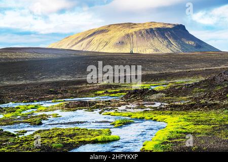 Natural stream flowing on the plain in highland in summer season with green moss growing along the bank, Iceland Stock Photo