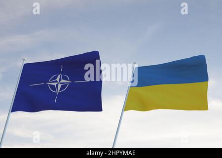 Flags of NATO and UKRANIE waving with cloudy blue sky background,3D rendering WAR Stock Photo