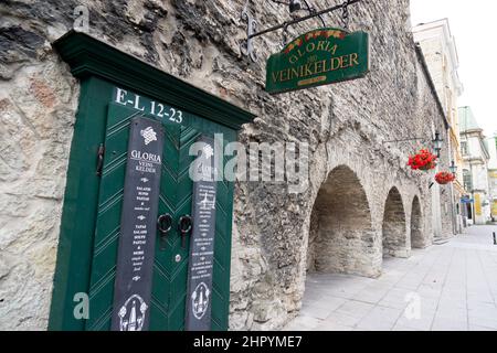 The Gloria Wine Cellar in Tallinn, Estonia's Old Town is next to the medieval city wall. Some of the wine vaults date from the 15th century. Stock Photo