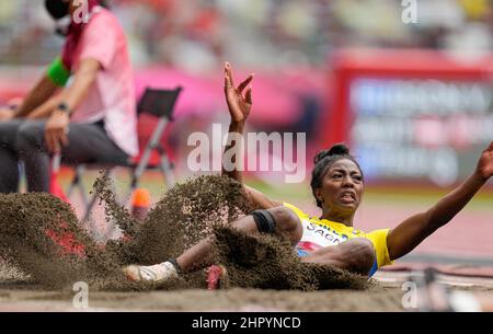 Khaddi Sagnia participating in the Tokyo 2020 Olympic Games in the long jump discipline. Stock Photo