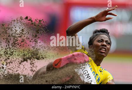 Khaddi Sagnia participating in the Tokyo 2020 Olympic Games in the long jump discipline. Stock Photo