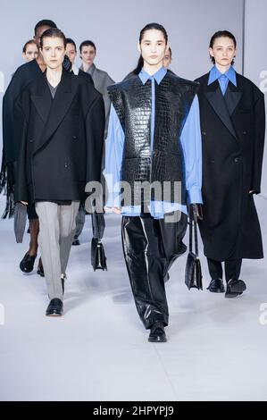 Milan, Italy. 23rd Feb, 2022. Models walk the runway designed by the Calcaterra. Calcaterra presents the new collection ìEclissiî (Eclipse) for Autumn Winter 2022 at Milan Fashion Week Fall-Winter 2022-2023. Credit: SOPA Images Limited/Alamy Live News Stock Photo