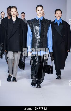 Milan, Italy. 23rd Feb, 2022. Models walk the runway designed by the Calcaterra. Calcaterra presents the new collection ìEclissiî (Eclipse) for Autumn Winter 2022 at Milan Fashion Week Fall-Winter 2022-2023. Credit: SOPA Images Limited/Alamy Live News Stock Photo