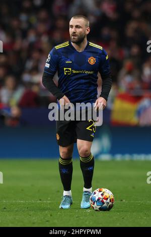 Madrid, Spain, 23rd February 2022. Luke Shaw of Manchester United during the UEFA Champions League match at Estadio Metropolitano, Madrid. Picture credit should read: Jonathan Moscrop / Sportimage Stock Photo