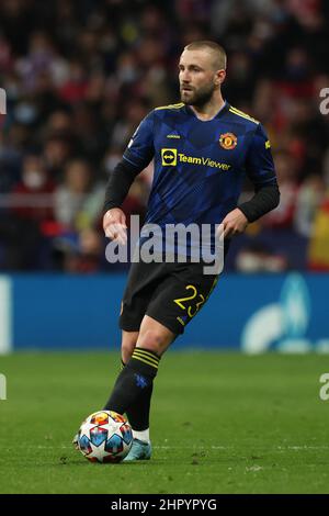 Madrid, Spain, 23rd February 2022. Luke Shaw of Manchester United during the UEFA Champions League match at Estadio Metropolitano, Madrid. Picture credit should read: Jonathan Moscrop / Sportimage Stock Photo