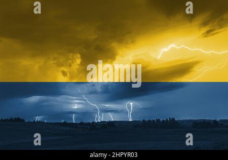 Ukrainian national flag colors with storm, war concept Stock Photo
