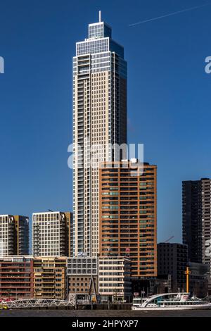 Rotterdam skyline, in the middle the Zalmhaven Toren, a 215 metres residential tower. Stock Photo