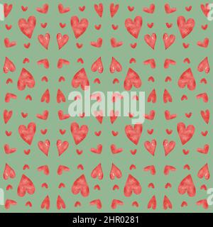 Seamless pattern with red watercolor hearts Stock Photo