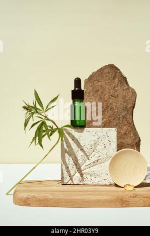 CBD oil in bottle, cannabis bush, hemp on geometric podium Stock Photo