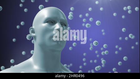 Image of virus cells floating over human head on blue background Stock Photo