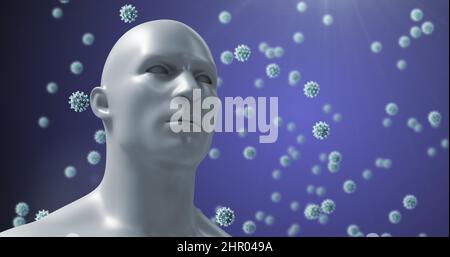 Image of virus cells floating over human head on blue background Stock Photo