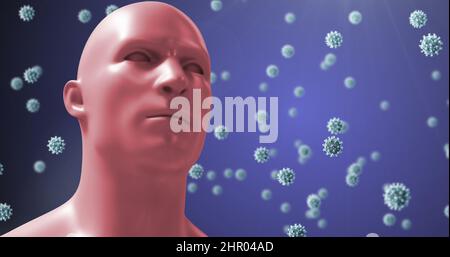 Image of virus cells floating over human head on blue background Stock Photo